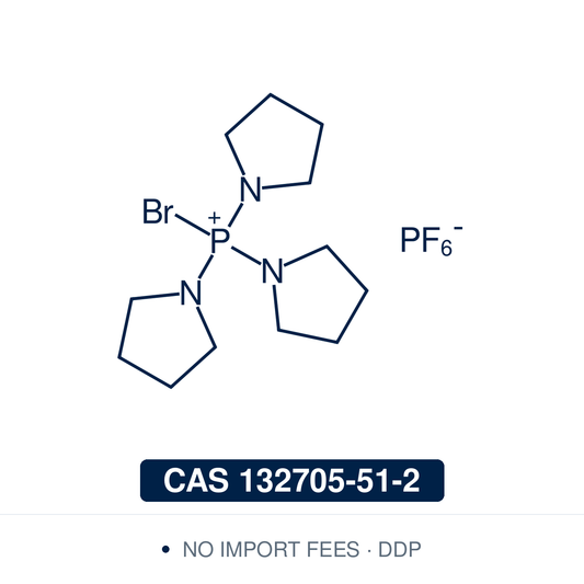 Chemical structure of PyBroP, CAS 132705-51-2, ≥98% — bromotris(pyrrolidin-1-yl)phosphonium hexafluorophosphate, a phosphonium coupling reagent for difficult and hindered amide bonds, including N-methyl amino acids, and ester or heteroaryl activation. Supplied by NorrChemica with DDP shipping. CoA and SDS provided.