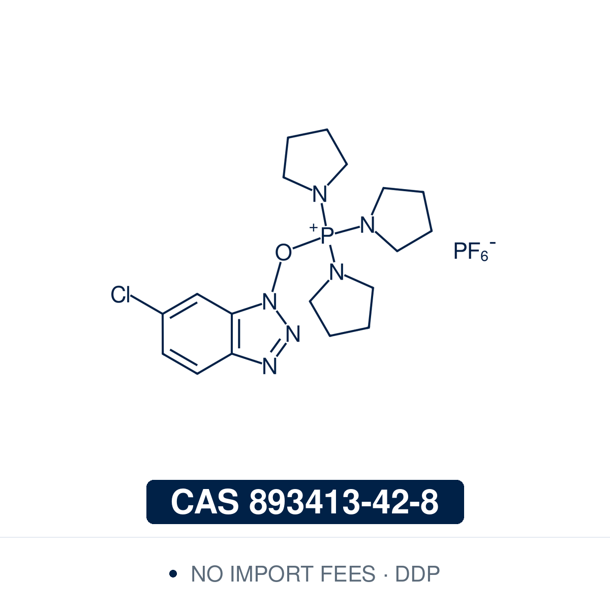 Chemical structure of PyClock, CAS 893413-42-8, ≥95% — (6-chlorobenzotriazol-1-yloxy)tripyrrolidinophosphonium hexafluorophosphate, a fast 6-Cl-HOBt-based phosphonium coupling reagent for efficient, low-racemisation peptide bond formation. Supplied by NorrChemica with DDP shipping. CoA and SDS provided.