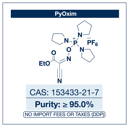 Chemical structure of PyOxim, CAS 153433-21-7, ≥95% — third-generation Oxyma-based tripyrrolidinophosphonium hexafluorophosphate peptide coupling reagent combining phosphonium-mediated activation with non-explosive Oxyma-derived byproducts for low-racemization couplings of sterically hindered and N-methylated amino acids in long peptide sequences, macrocyclization, green-solvent SPPS, and bioconjugation. Supplied by NorrChemica with DDP shipping. CoA and SDS provided.