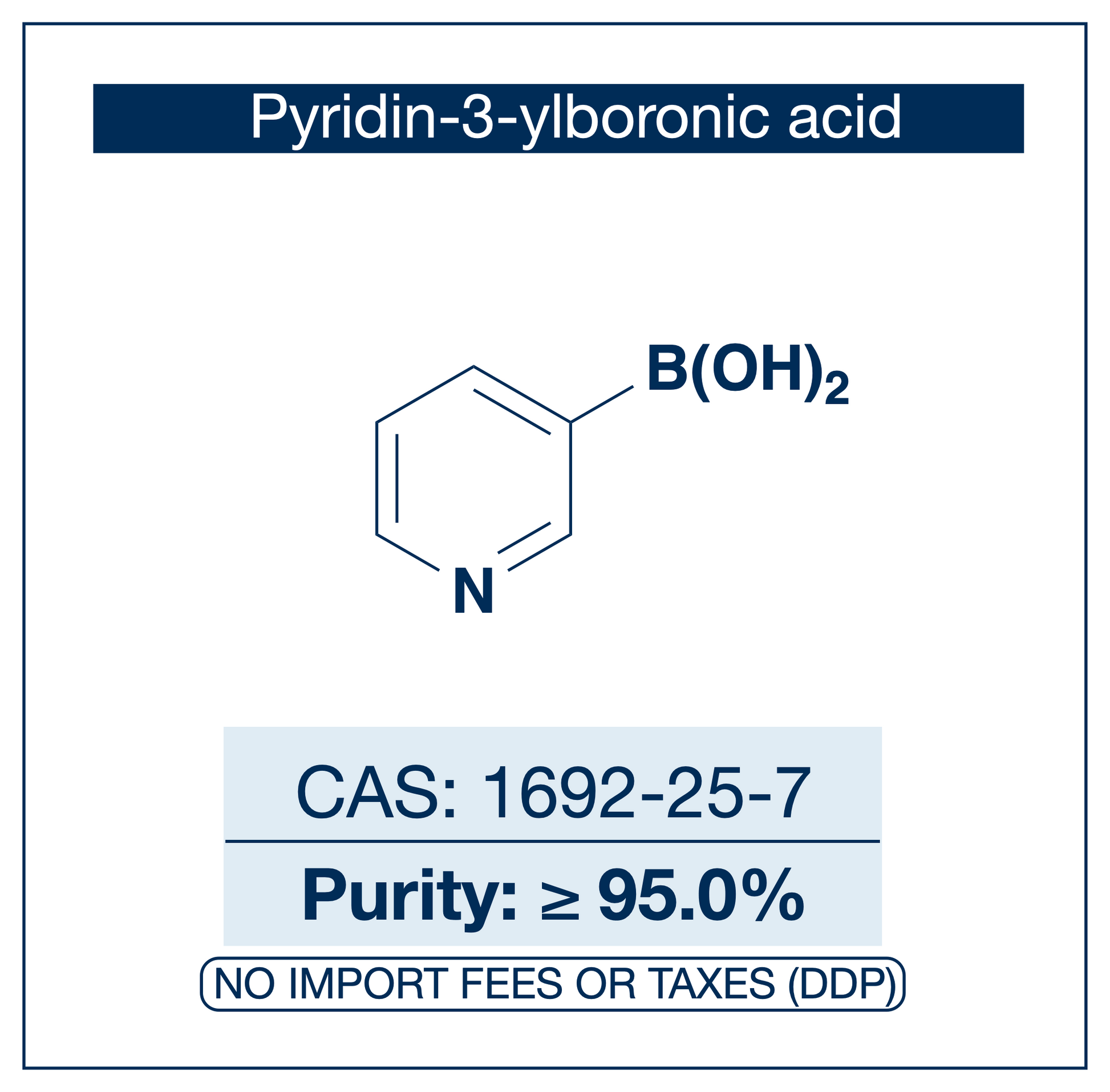 Pyridin-3-ylboronic acid, CAS 1692-25-7, purity ≥95.0%, structure showing pyridine ring with boronic acid B(OH)₂ at the 3-position, DDP shipping, NorrChemica.​​​​​​​​​​​​​​​​