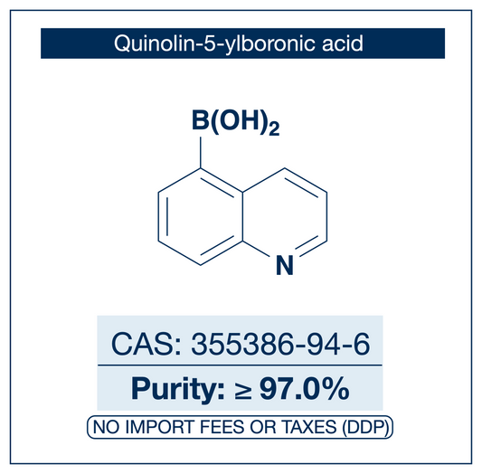 Chemical structure of quinolin-5-ylboronic acid (CAS 355386-94-6, ≥97.0%) supplied by NorrChemica with DDP worldwide shipping. CoA and SDS provided.
