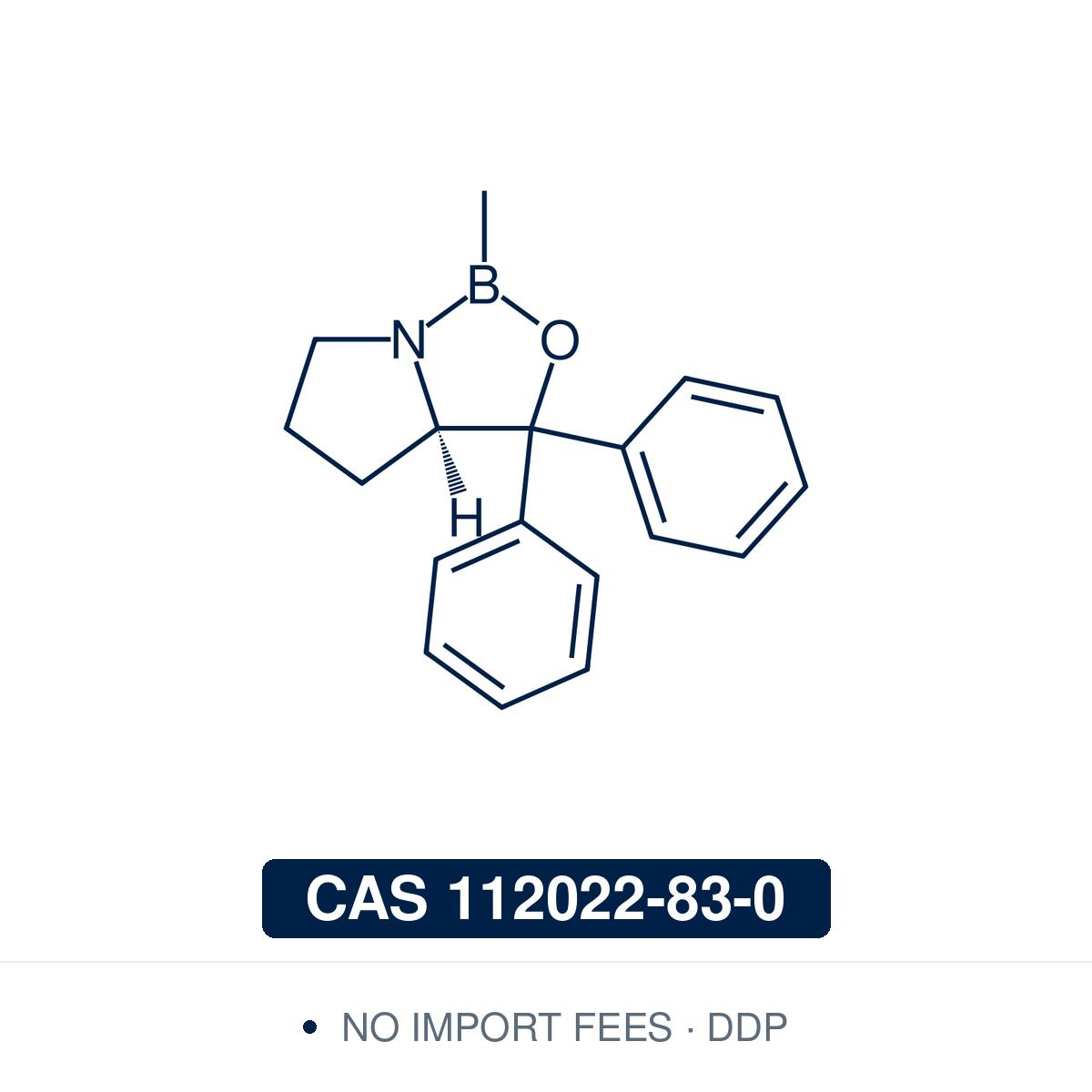 Chemical structure of (R)-Me-CBS Catalyst ((R)-2-methyl-CBS-oxazaborolidine), CAS 112022-83-0, ≥97% — a proline-derived chiral oxazaborolidine (C18H20BNO) bearing two phenyls at the carbinol carbon and a methyl on boron. The Corey-Bakshi-Shibata (CBS) catalyst for enantioselective borane reduction of prochiral ketones to chiral secondary alcohols, with BH3 or catecholborane at 5-10 mol% and often over 95% ee. Also a chiral Lewis acid for asymmetric Diels-Alder reactions. Supplied by NorrChemica with DDP