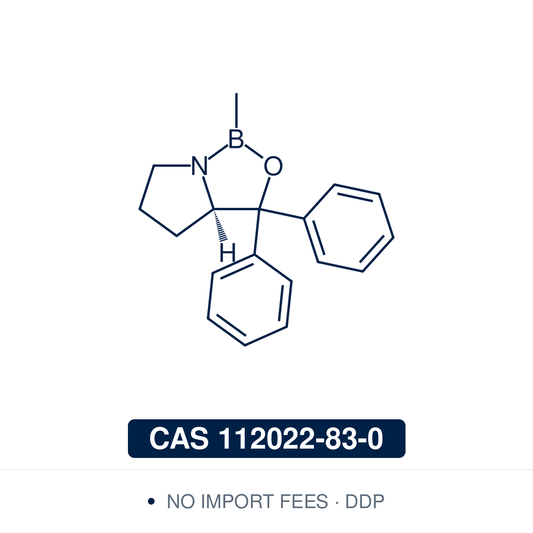 Chemical structure of (R)-Me-CBS Catalyst ((R)-2-methyl-CBS-oxazaborolidine), CAS 112022-83-0, ≥97% — a proline-derived chiral oxazaborolidine (C18H20BNO) bearing two phenyls at the carbinol carbon and a methyl on boron. The Corey-Bakshi-Shibata (CBS) catalyst for enantioselective borane reduction of prochiral ketones to chiral secondary alcohols, with BH3 or catecholborane at 5-10 mol% and often over 95% ee. Also a chiral Lewis acid for asymmetric Diels-Alder reactions. Supplied by NorrChemica with DDP