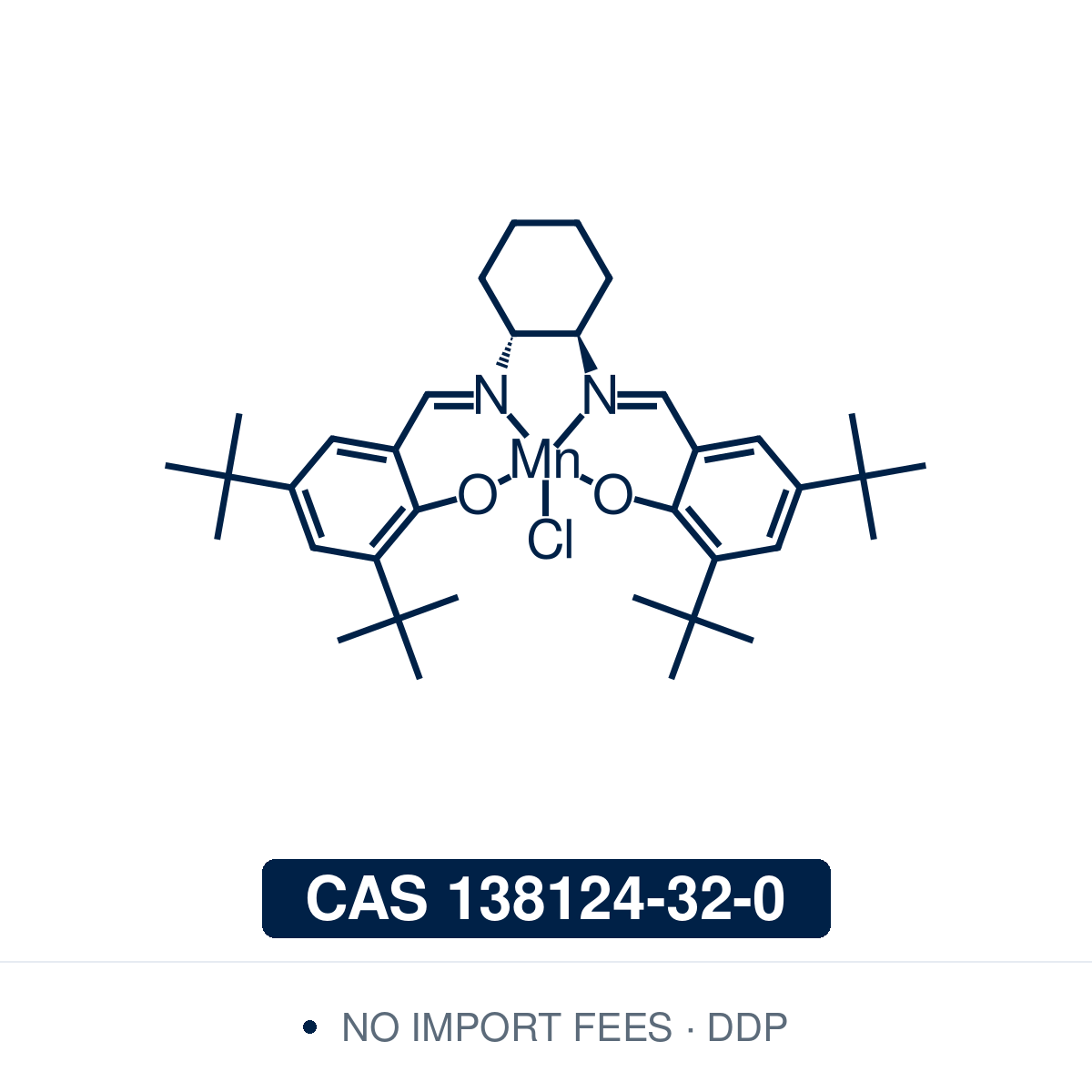 Chemical structure of (R,R)-Jacobsen's catalyst ((R,R)-(−)-N,N'-bis(3,5-di-tert-butylsalicylidene)-1,2-cyclohexanediaminomanganese(III) chloride), C₃₆H₅₂ClMnN₂O₂, CAS 138124-32-0, ≥98% — chiral manganese(III)-salen complex used as a catalyst for the asymmetric epoxidation of unfunctionalised alkenes. Supplied by NorrChemica with DDP shipping. CoA and SDS provided.