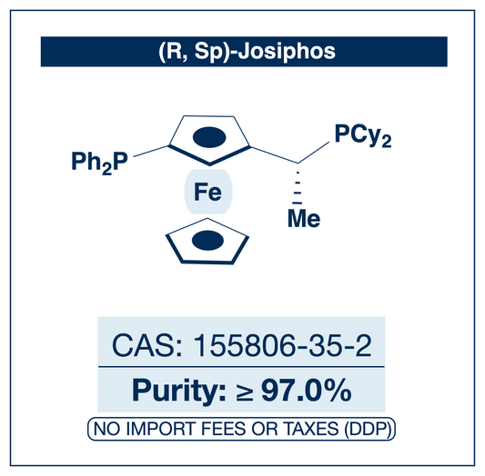Chemical structure of (R)-(S)-Josiphos SL-J001-1, CAS 155806-35-2, ≥97% — planar- and central-chiral ferrocenyl diphosphine ligand for enantioselective transition-metal catalysis. Supplied by NorrChemica with DDP shipping. CoA and SDS provided.
