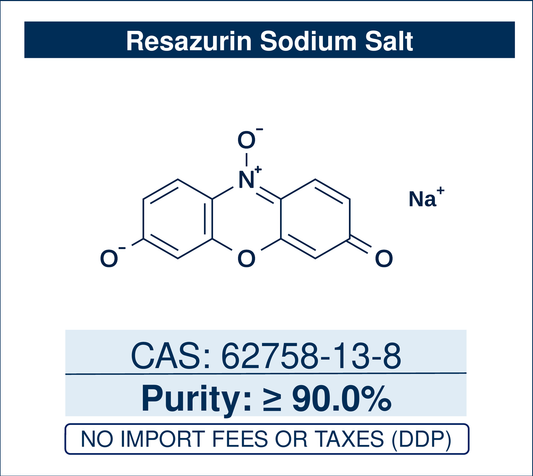 Chemical structure of Resazurin sodium salt, CAS 62758-13-8, ≥90.0% — water-soluble phenoxazine N-oxide redox indicator (sodium salt) reduced to fluorescent resorufin, used in cell viability, proliferation, and cytotoxicity assays (Alamar Blue) and microbial and enzyme activity testing. Supplied by NorrChemica with DDP shipping. CoA and SDS provided.