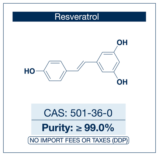 Chemical structure of trans-Resveratrol, CAS 501-36-0, ≥ 99.0% — research chemical for stilbenoid biochemistry and polyphenol studies. Supplied by NorrChemica with DDP shipping. CoA and SDS provided. 
