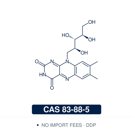 Chemical structure of Riboflavin (vitamin B2), CAS 83-88-5, ≥98% — for flavin photocatalysis, photosensitised cross-linking, fluorescence work and cell culture media. Supplied by NorrChemica with DDP shipping. CoA and SDS provided.