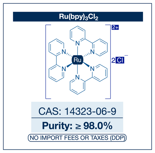 Chemical structure of Tris(2,2'-bipyridine)ruthenium(II) chloride, CAS 14323-06-9, ≥98% — a photoredox catalyst used as a visible-light photosensitiser in organic synthesis. Supplied by NorrChemica with DDP shipping. CoA and SDS provided.