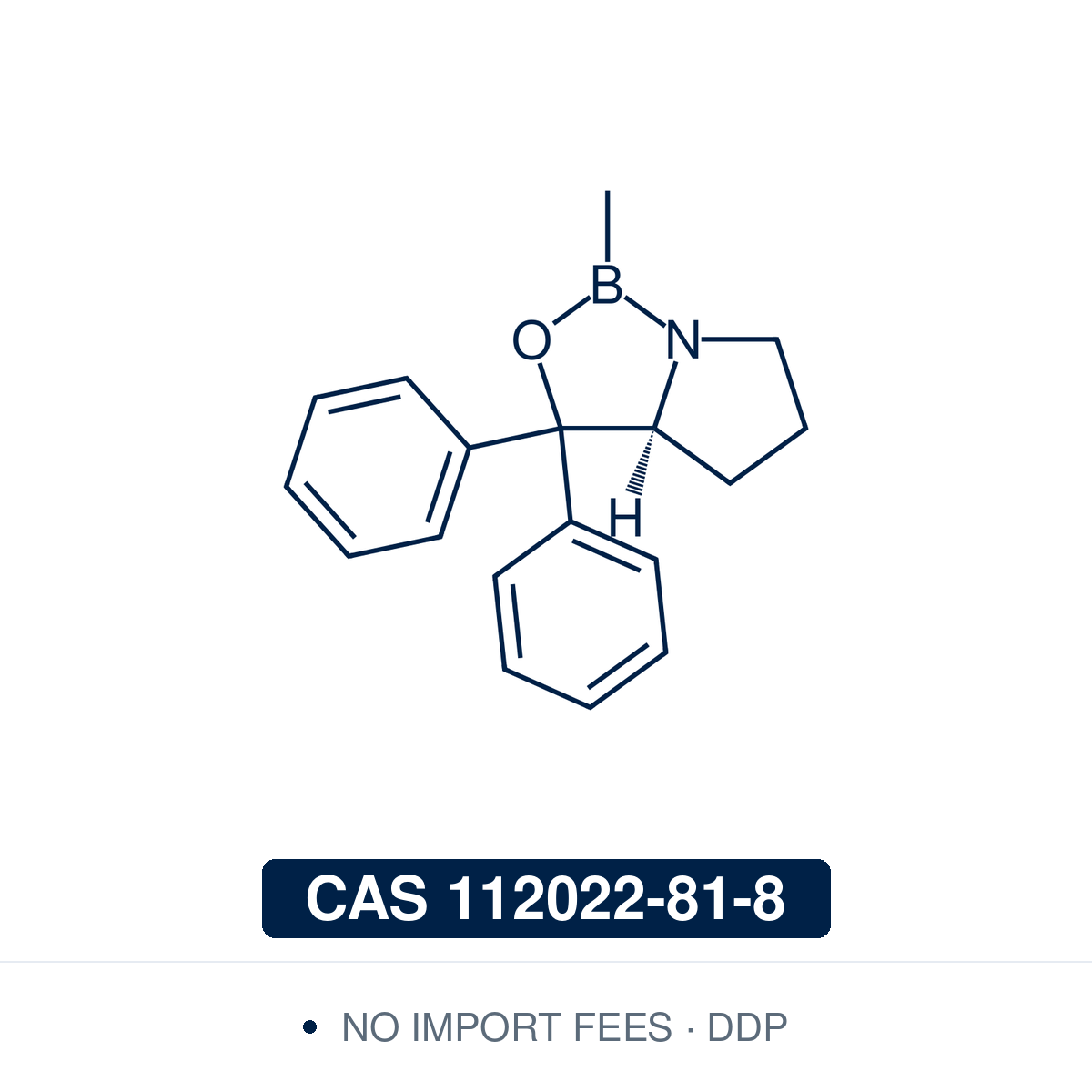 Chemical structure of (S)-Me-CBS Catalyst ((S)-2-methyl-CBS-oxazaborolidine), CAS 112022-81-8, ≥97% — a proline-derived chiral oxazaborolidine (C18H20BNO) bearing two phenyls at the carbinol carbon and a methyl on boron. The Corey-Bakshi-Shibata (CBS) catalyst for enantioselective borane reduction of prochiral ketones to chiral secondary alcohols, with BH3 or catecholborane at 5-10 mol% and often over 95% ee. Also a chiral Lewis acid for asymmetric Diels-Alder reactions. Supplied by NorrChemica with DDP