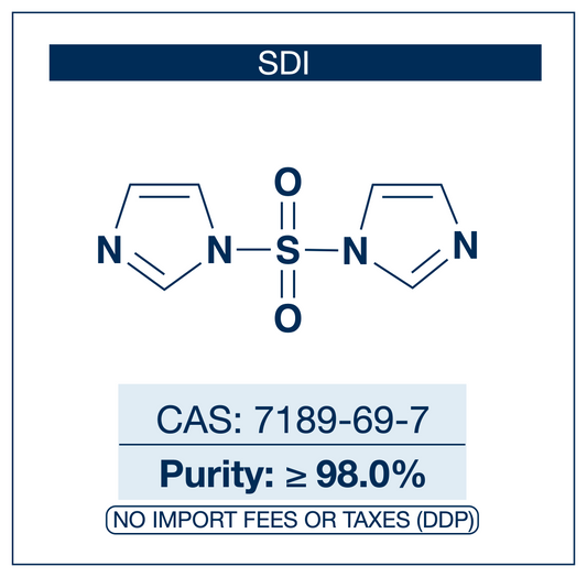 Chemical structure of SDI, CAS 7189-69-7, ≥98% — 1,1'-sulfonyldiimidazole bench-stable sulfonylating reagent and non-gaseous SO₂ transfer agent used for synthesis of sulfamates, sulfamides, and sulfamoyl-imidazolide intermediates in medicinal chemistry, modern sulfur(VI) methodology adjacent to SuFEx click chemistry, kinase inhibitor scaffold research, steroid sulfamate chemistry, and process chemistry. Supplied by NorrChemica with DDP shipping. CoA and SDS provided.

