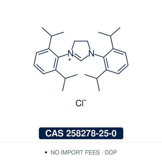 Chemical structure of SIPr·HCl (1,3-bis(2,6-diisopropylphenyl)imidazolinium chloride, C₂₇H₃₉ClN₂), CAS 258278-25-0, ≥95% — precursor of the N-heterocyclic carbene ligand SIPr, used with palladium for amination of aryl halides, N-arylation of indoles, Suzuki–Miyaura and Heck couplings and α-arylation of esters, and with iron fluorides for biaryl coupling of aryl chlorides. Supplied by NorrChemica with DDP shipping. CoA and SDS provided.