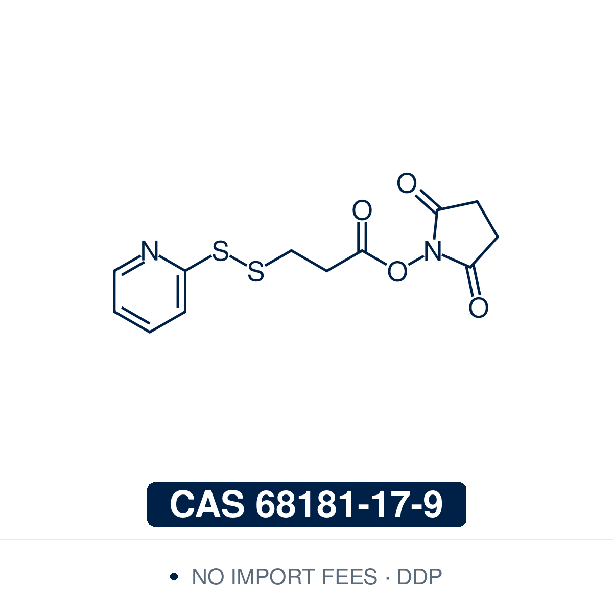 Chemical structure of SPDP (C₁₂H₁₂N₂O₄S₂), CAS 68181-17-9, ≥97% — heterobifunctional reagent whose NHS ester reacts with amino groups and whose 2-pyridyl disulfide reacts with thiols, used to introduce thiol groups into proteins and to make reversible disulfide-linked protein–protein, antibody, peptide–carrier, liposome and nanoparticle conjugates. Supplied by NorrChemica with DDP shipping. CoA and SDS provided.