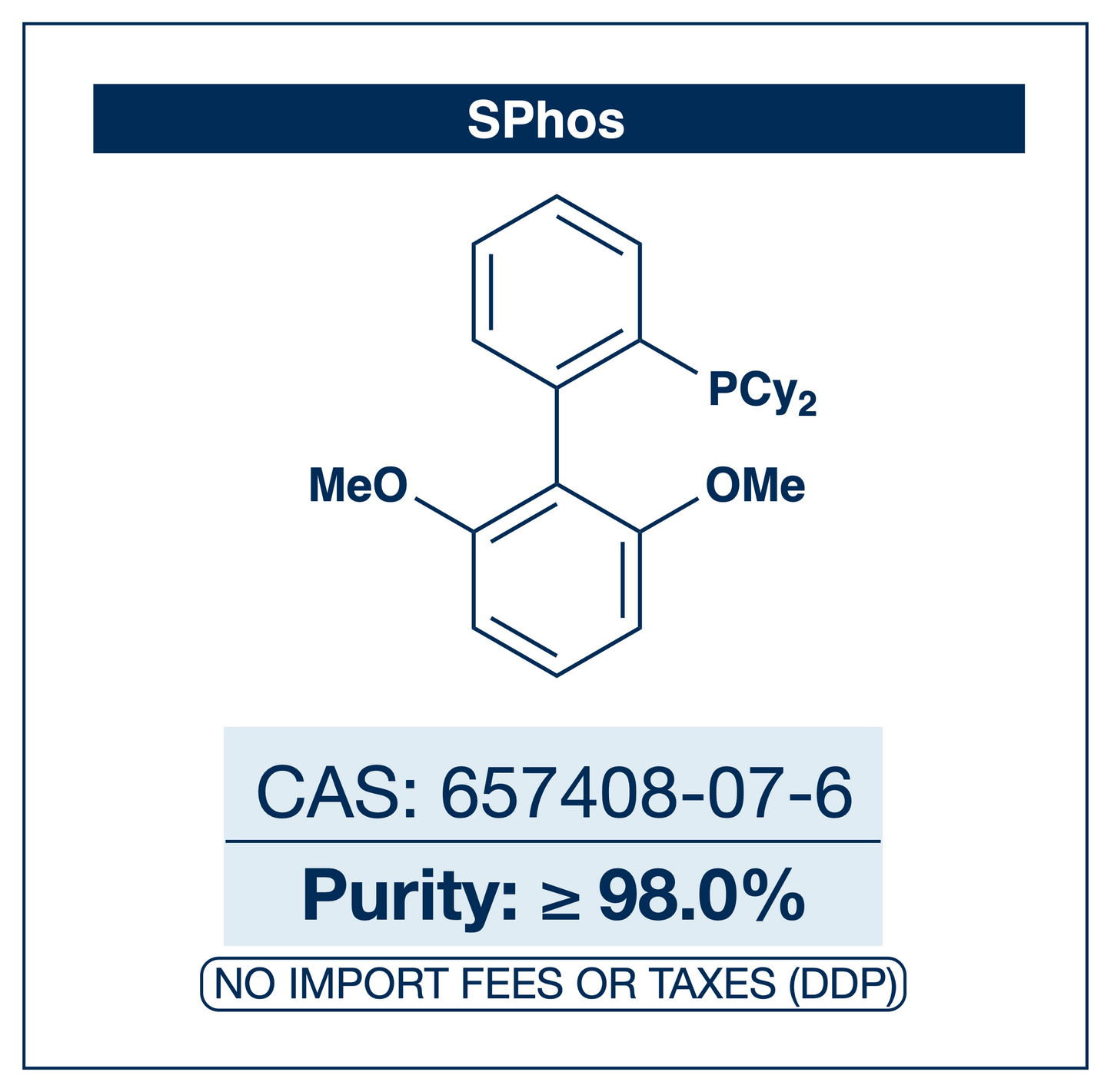 Chemical structure of SPhos, CAS 657408-07-6, ≥98% — Buchwald biaryl monophosphine ligand for palladium-catalysed Suzuki-Miyaura coupling of aryl chlorides and hindered biaryls. Supplied by NorrChemica with DDP shipping. CoA and SDS provided.