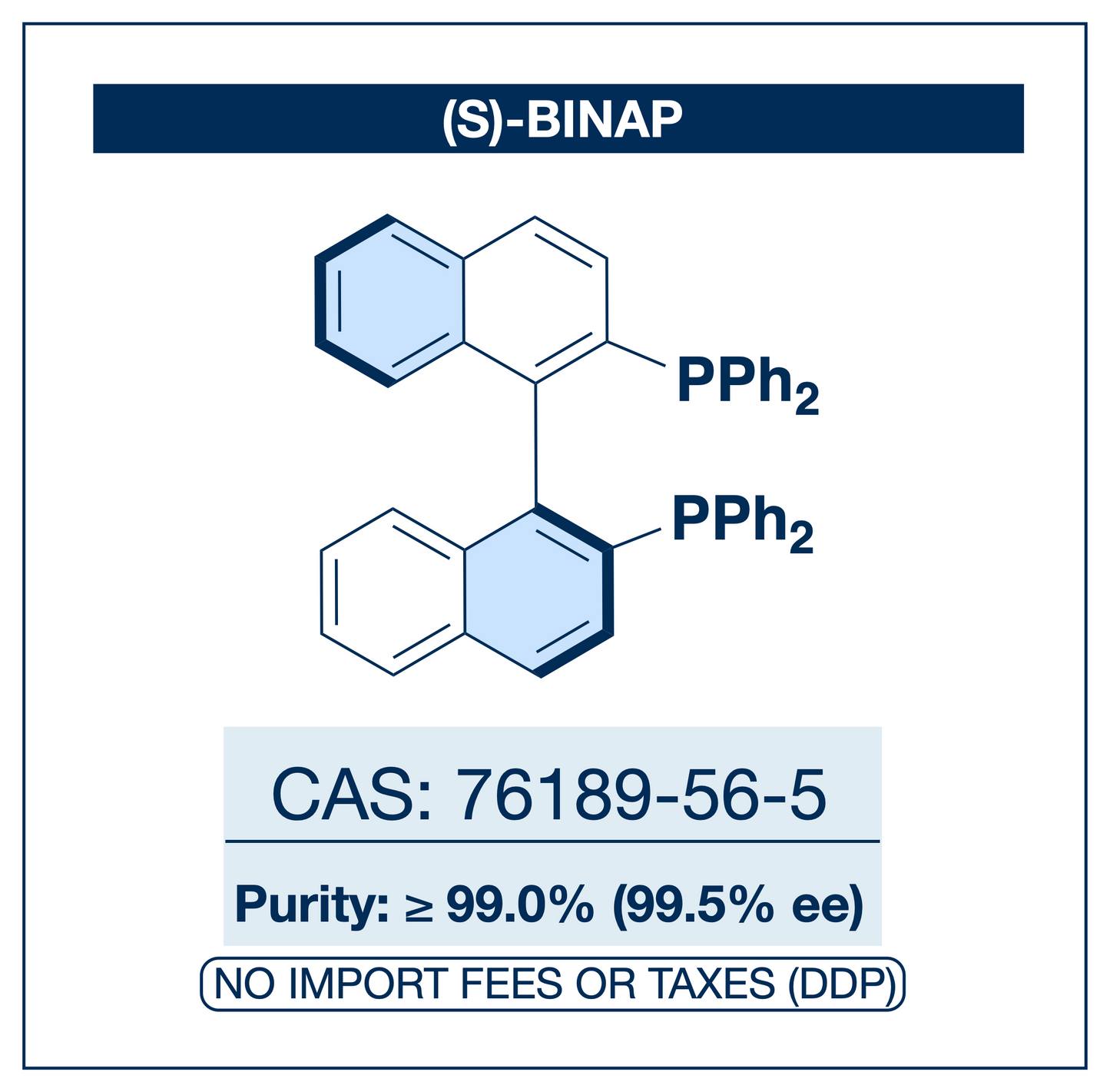 Chemical structure of (S)-BINAP, CAS 76189-56-5, ≥99.0% (99.5% ee) — atropisomeric C2-symmetric diphosphine ligand for enantioselective transition-metal catalysis. Supplied by NorrChemica with DDP shipping. CoA and SDS provided.