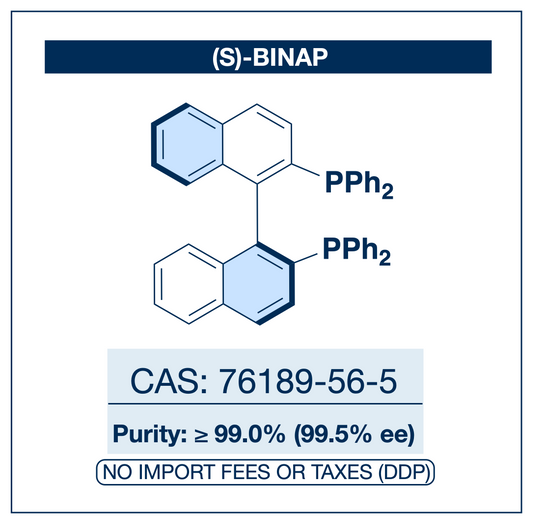 Chemical structure of (S)-BINAP, CAS 76189-56-5, ≥99.0% (99.5% ee) — atropisomeric C2-symmetric diphosphine ligand for enantioselective transition-metal catalysis. Supplied by NorrChemica with DDP shipping. CoA and SDS provided.