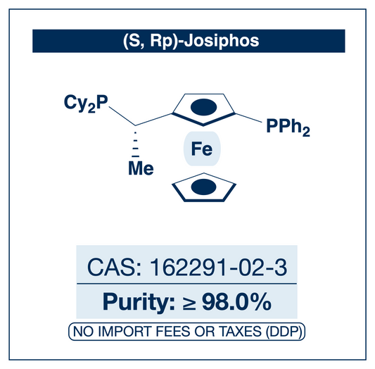 Chemical structure of (S)-(R)-Josiphos SL-J001-2, CAS 162291-02-3, ≥98% — planar- and central-chiral ferrocenyl diphosphine ligand for enantioselective transition-metal catalysis. Supplied by NorrChemica with DDP shipping. CoA and SDS provided.