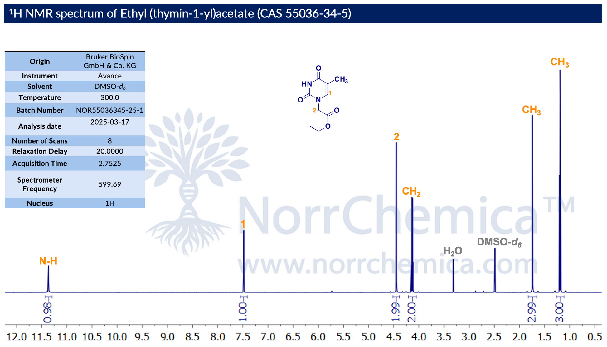 ¹H NMR spectrum of Ethyl (thymin-1-yl)acetate (CAS 55036-34-5) in DMSO-d₆ at 300.0 K, Bruker Avance 599.69 MHz, 20 s relaxation delay, 8 scans. Thymine N–H at ~11.3 ppm (0.98); C6–H (H1) at ~7.5 ppm (1.00); N1-CH₂ (H2) at ~4.4 ppm (1.99); ester O-CH₂ at ~4.1 ppm (2.00); thymine 5-CH₃ at ~1.7 ppm (2.99); ester CH₃ at ~1.2 ppm (3.00). Confirms structure and ≥98% purity. Batch NOR55036345-25-1, analysed 17 March 2025, NorrChemica.