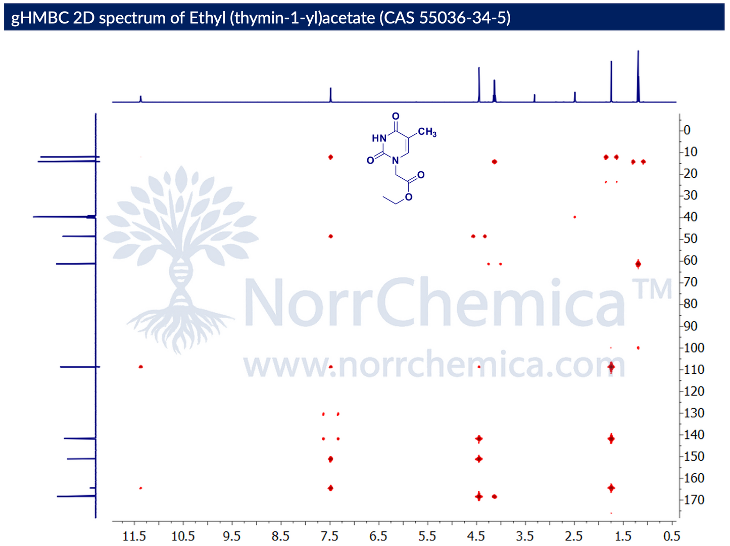 gHMBC 2D NMR spectrum of Ethyl (thymin-1-yl)acetate (CAS 55036-34-5) in DMSO-d₆, Bruker Avance, correlating ¹H (F2, ~0.5–11.5 ppm) with ¹³C (F1, ~0–170 ppm) through long-range (²J, ³J) couplings. Cross-peaks from N1–CH₂ (~4.4 ppm) to thymine C2/C4 carbonyls (~150–168 ppm) and C6 (~141 ppm) confirm N1 attachment of the acetate arm; correlations from ester O–CH₂ (~4.1 ppm) and CH₃ (~1.2 ppm) to the ester C=O (~168 ppm) confirm the ethyl ester. NorrChemica.