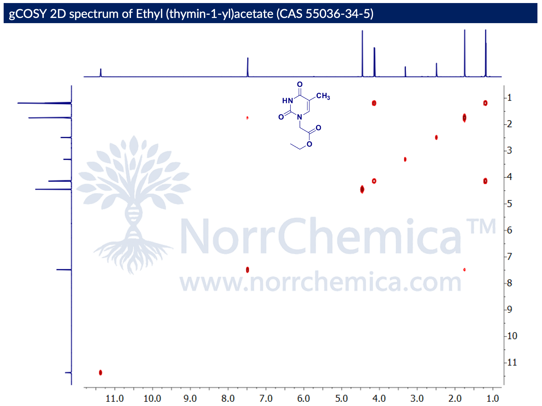 gCOSY 2D NMR spectrum of Ethyl (thymin-1-yl)acetate (CAS 55036-34-5) in DMSO-d₆, Bruker Avance, showing homonuclear ¹H–¹H scalar (²J, ³J) correlations across both F1 and F2 (~1–11.5 ppm). Diagonal peaks reproduce the 1D ¹H spectrum; off-diagonal cross-peaks confirm coupling between the ester O–CH₂ (~4.1 ppm) and ester CH₃ (~1.2 ppm), and a weak ⁴J allylic coupling between thymine C6–H (~7.5 ppm) and 5-CH₃ (~1.7 ppm). N–H at ~11.3 ppm shows no scalar coupling cross-peak. NorrChemica.