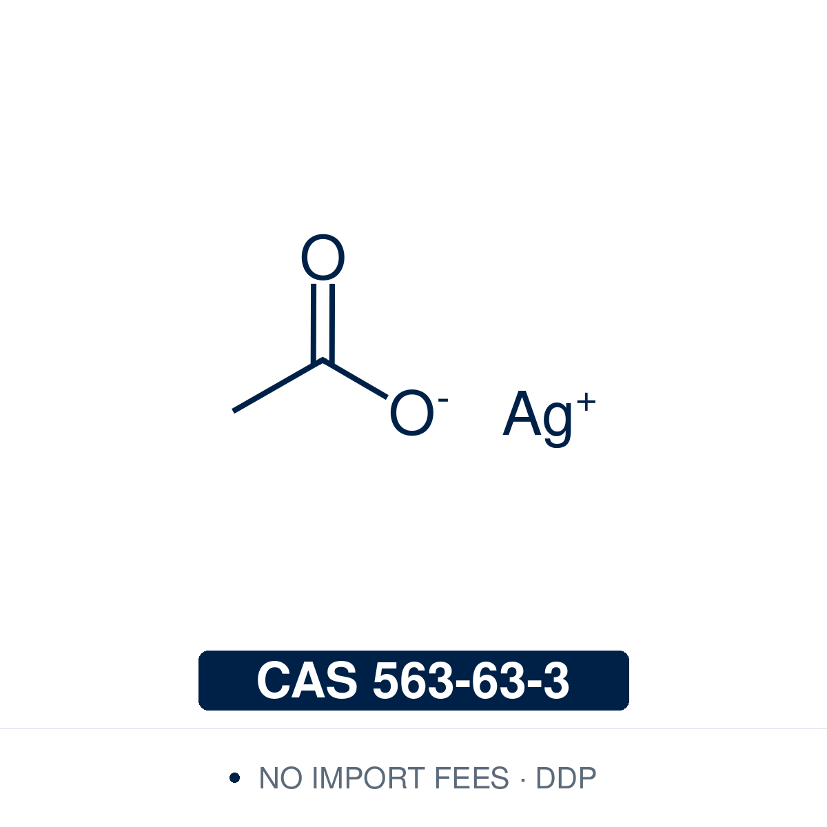 Chemical structure of Silver Acetate (AgOAc, silver(I) acetate), CAS 563-63-3, ≥98% — a silver(I) salt used as an inorganic catalyst in C–H activation, as a precursor in the synthesis of AgBiS₂ nanocrystals for photodetectors and of photocatalytic Ag₃PO₄ crystals, and as a dopant in tetrahedrite thin films. Supplied by NorrChemica with DDP shipping. CoA and SDS provided.