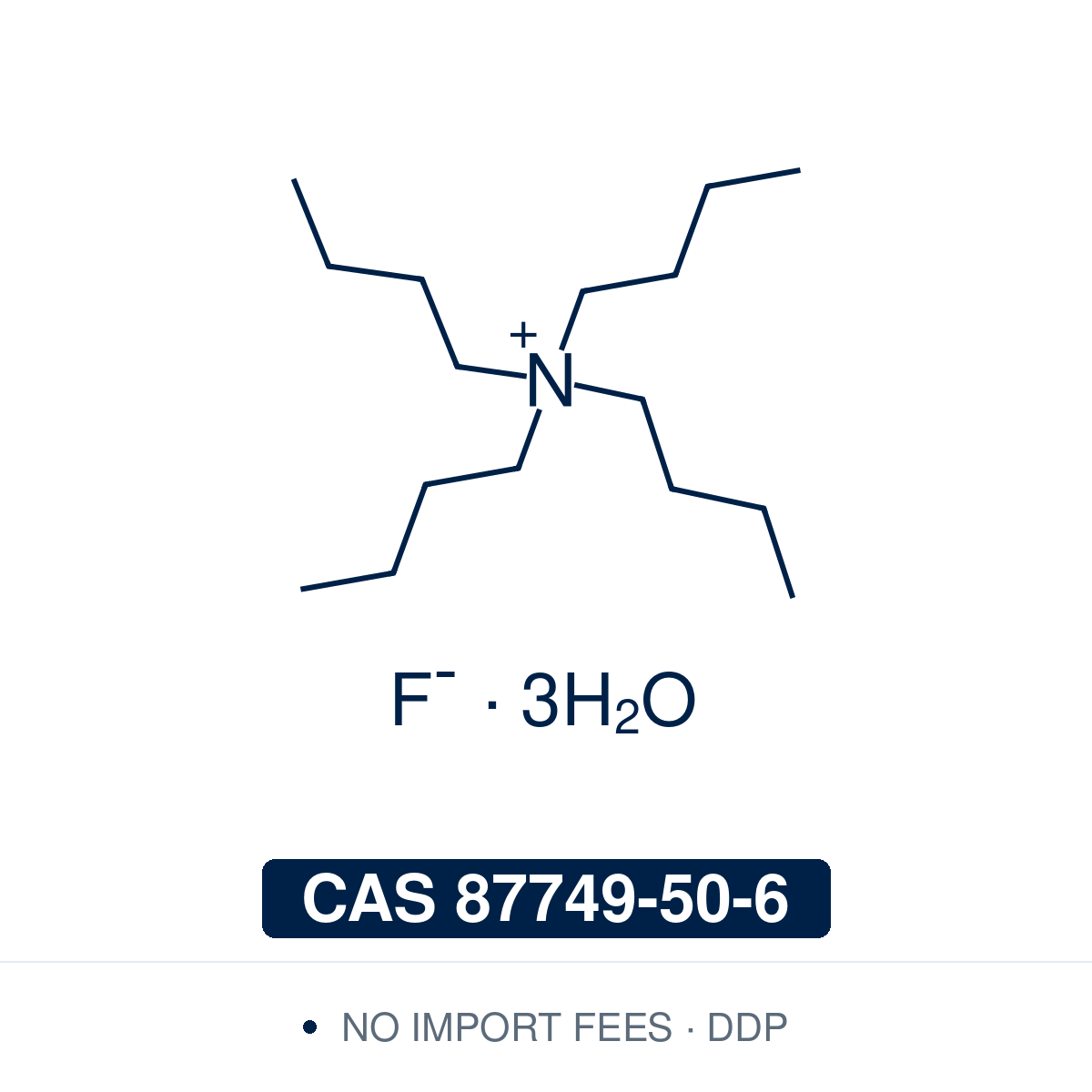 Chemical structure of Tetrabutylammonium fluoride trihydrate (TBAF trihydrate), C₁₆H₃₆N⁺ F⁻ · 3H₂O, CAS 87749-50-6, ≥95% — solid, organic-soluble fluoride source, used to remove silyl protecting groups (TBS, TIPS, TBDPS ethers) and as a fluoride reagent and base in organic synthesis. Supplied by NorrChemica with DDP shipping. CoA and SDS provided.