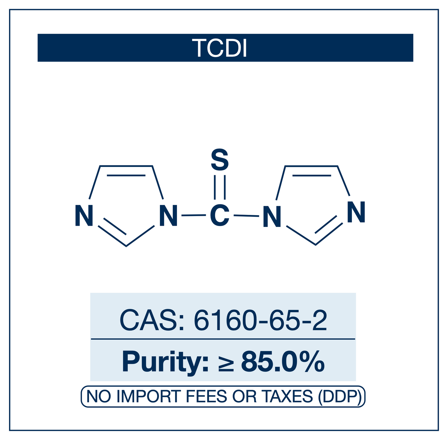 Chemical structure of TCDI, CAS 6160-65-2, ≥85% — 1,1'-thiocarbonyldiimidazole bench-stable thiocarbonylating reagent and C=S transfer agent used for Barton-McCombie radical deoxygenation in total synthesis, thiourea and thiocarbamate scaffold synthesis in medicinal chemistry, organocatalyst preparation, isothiocyanate building block formation, and RAFT polymerization chain transfer agent synthesis. Supplied by NorrChemica with DDP shipping. CoA and SDS provided.
