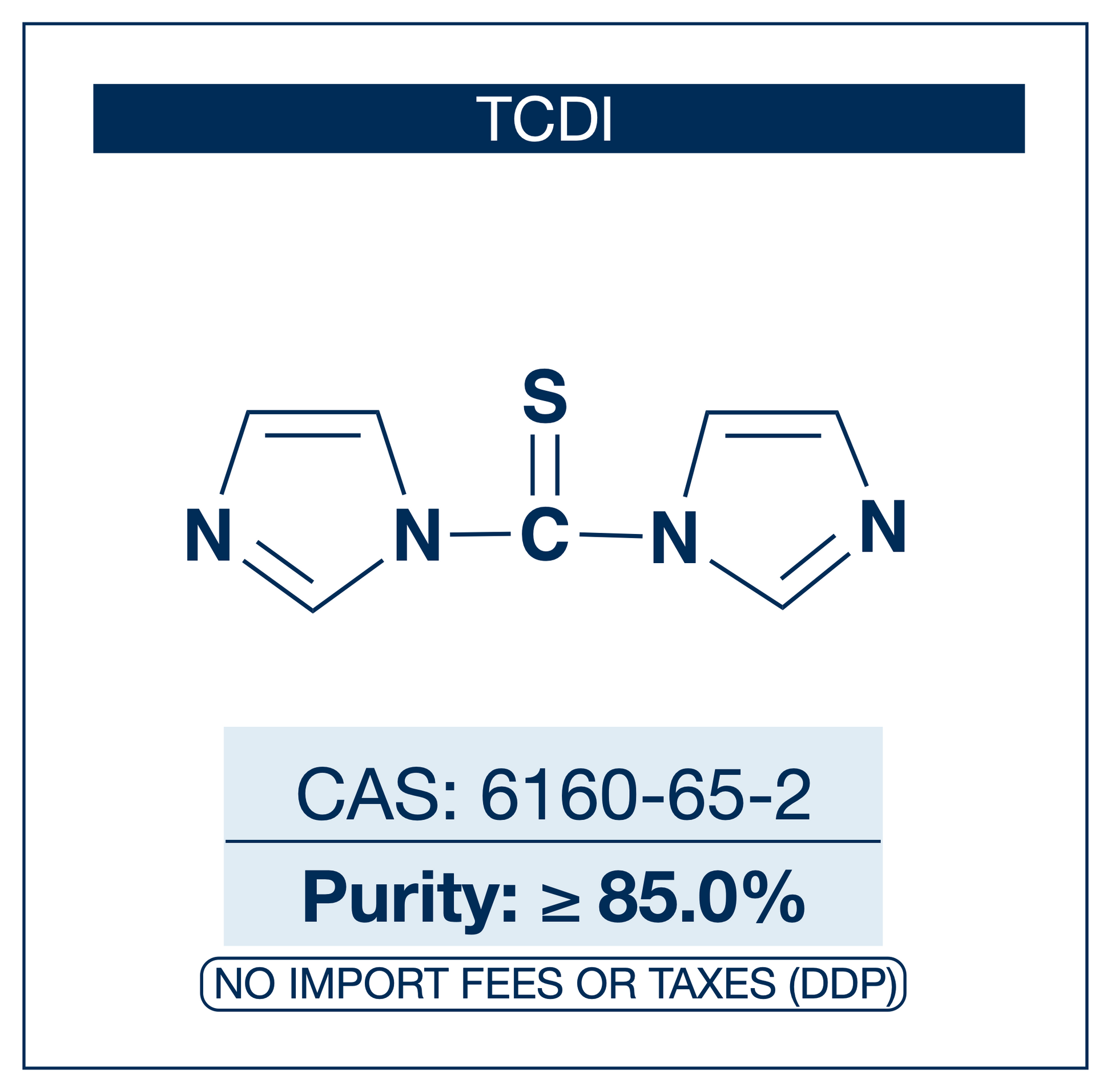 Chemical structure of TCDI, CAS 6160-65-2, ≥85% — 1,1'-thiocarbonyldiimidazole bench-stable thiocarbonylating reagent and C=S transfer agent used for Barton-McCombie radical deoxygenation in total synthesis, thiourea and thiocarbamate scaffold synthesis in medicinal chemistry, organocatalyst preparation, isothiocyanate building block formation, and RAFT polymerization chain transfer agent synthesis. Supplied by NorrChemica with DDP shipping. CoA and SDS provided.
