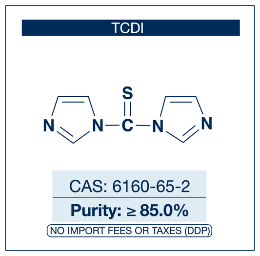 Chemical structure of TCDI, CAS 6160-65-2, ≥85% — 1,1'-thiocarbonyldiimidazole bench-stable thiocarbonylating reagent and C=S transfer agent used for Barton-McCombie radical deoxygenation in total synthesis, thiourea and thiocarbamate scaffold synthesis in medicinal chemistry, organocatalyst preparation, isothiocyanate building block formation, and RAFT polymerization chain transfer agent synthesis. Supplied by NorrChemica with DDP shipping. CoA and SDS provided.

