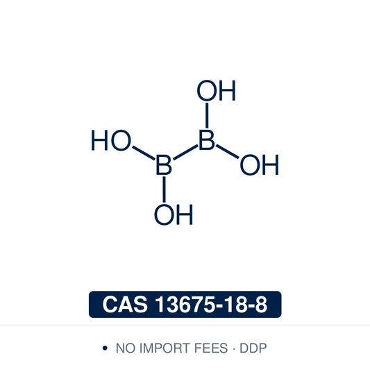 Chemical structure of Tetrahydroxydiboron (BBA), CAS 13675-18-8, ≥97% — a bis-boronic acid diboron reagent (B2(OH)4) used for transition-metal-catalyzed borylation of aryl halides, direct C–H borylation, and as a mild reductant. Supplied by NorrChemica with DDP shipping. CoA and SDS provided.