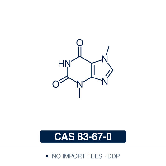 Chemical structure of Theobromine, CAS 83-67-0, ≥98% — 3,7-dimethylxanthine, the main methylxanthine of cocoa and a metabolite of caffeine. Used in research on its action as an adenosine receptor antagonist and phosphodiesterase inhibitor. Supplied by NorrChemica with DDP shipping. CoA and SDS provided.