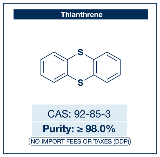 Chemical structure of Thianthrene, CAS 92-85-3, ≥98% — butterfly-shaped sulfur heterocycle used as reagent for site-selective C–H thianthrenation of arenes to access aryl thianthrenium salts for late-stage functionalization, and as precursor to the thianthrene radical cation SET mediator in OLED and redox-battery materials. Supplied by NorrChemica with DDP shipping. CoA and SDS provided.