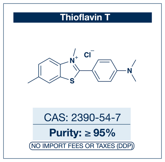 Chemical structure of Thioflavin T, CAS 2390-54-7, ≥95% — benzothiazolium cationic fluorescent dye exhibiting strong fluorescence enhancement upon binding to amyloid β-sheet structures used as a research-grade fluorescent probe for amyloid fibril detection, fluorescence kinetic assays of fibril formation, histological amyloid imaging in neurodegenerative research methodology, and G-quadruplex DNA structure detection. Supplied by NorrChemica with DDP shipping. CoA and SDS provided.
