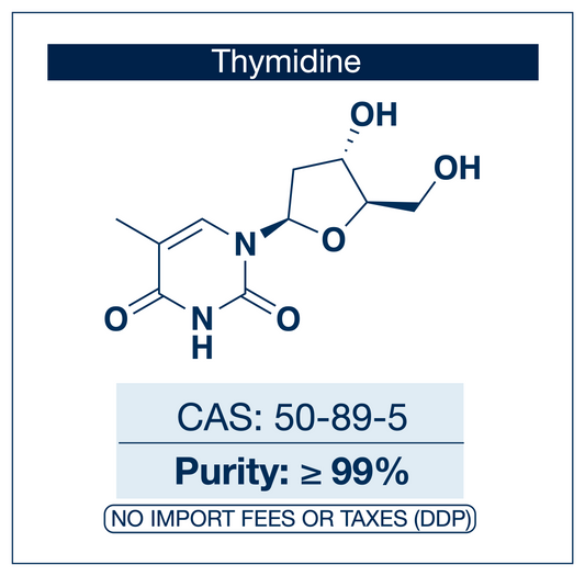 Chemical structure of Thymidine, CAS 50-89-5, ≥99% — pyrimidine deoxyribonucleoside essential for DNA synthesis, oligonucleotide research, and as a building block for nucleoside analogue chemistry and antiviral drug development. Supplied by NorrChemica with DDP shipping. CoA and SDS provided.​​​​​​​​​​​​​​​​