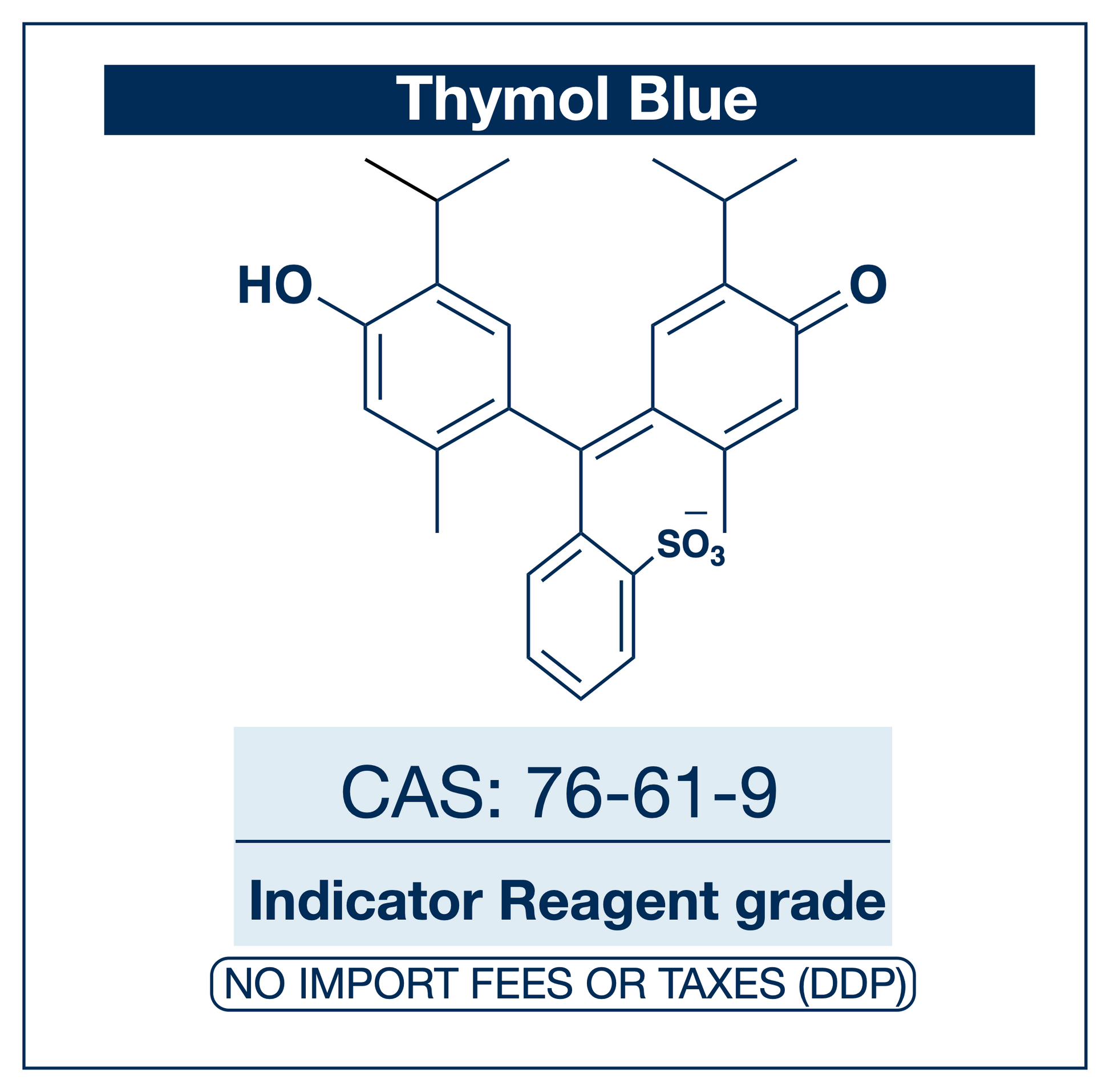 Chemical structure of Thymol Blue, CAS 76-61-9, Indicator Grade — sulfonephthalein two-range pH indicator of the Clark–Lubs series, red→yellow at pH 1.2–2.8 and yellow→blue at pH 8.0–9.6, used in acid–base and non-aqueous titrations, universal indicator formulations, and spectrophotometric seawater pH measurement on the total scale. Supplied by NorrChemica with DDP shipping. CoA and SDS provided.