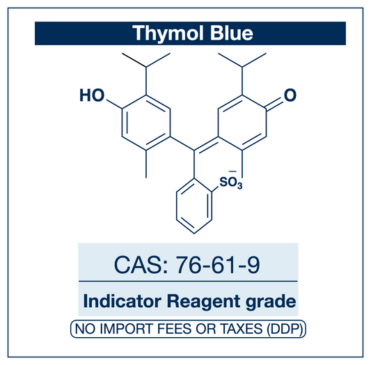 Chemical structure of Thymol Blue, CAS 76-61-9, Indicator Grade — sulfonephthalein two-range pH indicator of the Clark–Lubs series, red→yellow at pH 1.2–2.8 and yellow→blue at pH 8.0–9.6, used in acid–base and non-aqueous titrations, universal indicator formulations, and spectrophotometric seawater pH measurement on the total scale. Supplied by NorrChemica with DDP shipping. CoA and SDS provided.