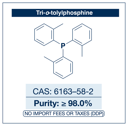 Chemical structure of Tri-o-tolylphosphine, CAS 6163-58-2, ≥98% — bulky triarylphosphine ligand used in palladium-catalysed cross-coupling, Mizoroki–Heck reactions and Buchwald–Hartwig amination. Supplied by NorrChemica with DDP shipping. CoA and SDS provided.
