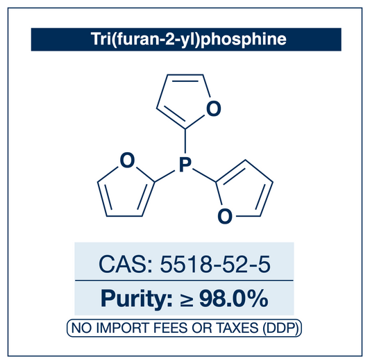 Chemical structure of Tri(furan-2-yl)phosphine, CAS 5518-52-5, ≥98% — triarylphosphine ligand for palladium-catalysed cross-coupling, notably Stille coupling. Supplied by NorrChemica with DDP shipping. CoA and SDS provided.
