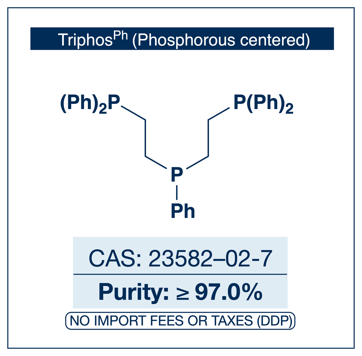 Chemical structure of Bis(2-diphenylphosphinoethyl)phenylphosphine (Triphos), CAS 23582-02-7, ≥97.0% — linear P-centered tridentate phosphine ligand for transition-metal complexation used in pincer chemistry, hydrogenation, and homogeneous catalysis. Supplied by NorrChemica with DDP shipping. CoA and SDS provided.