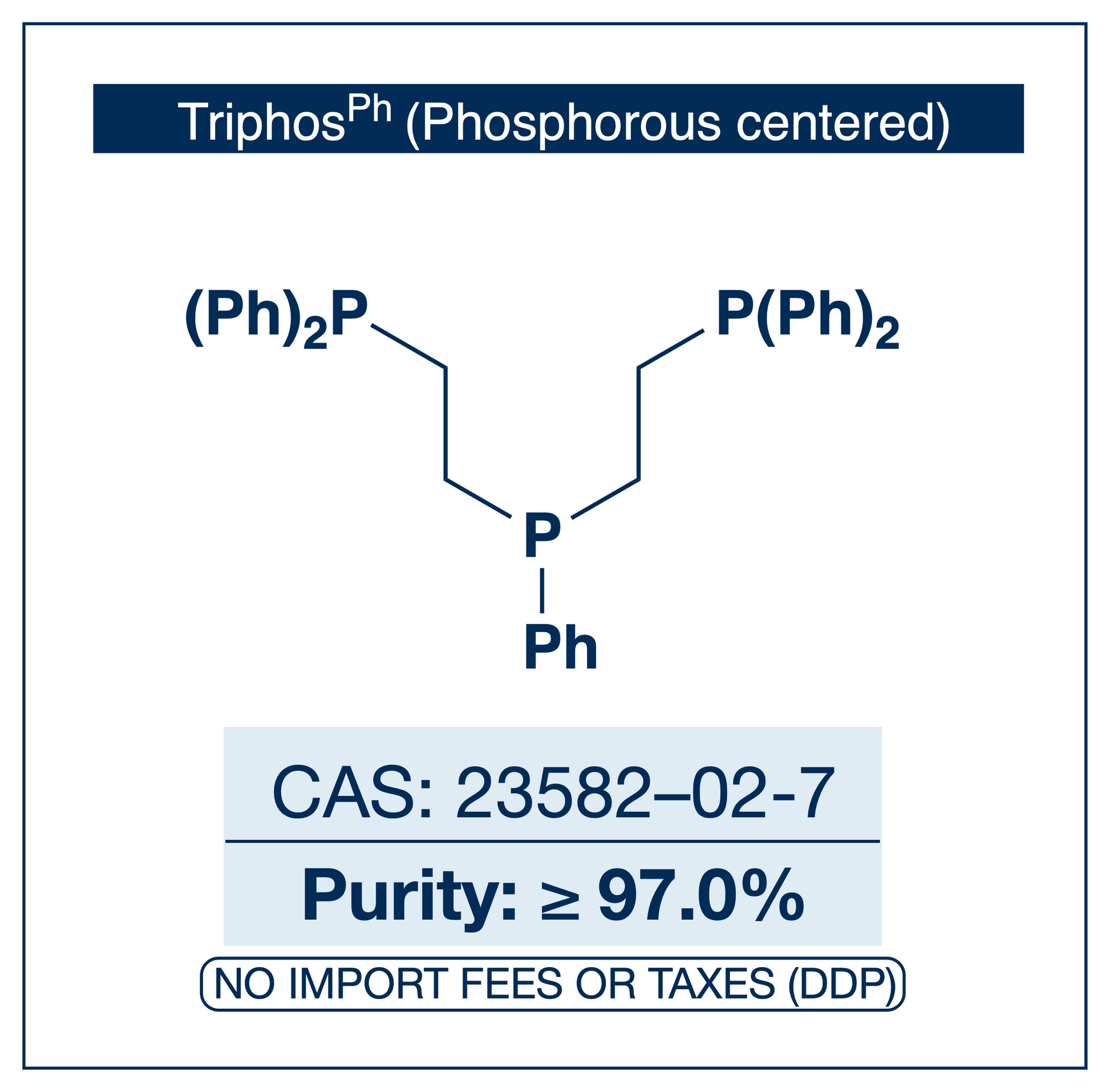Chemical structure of Bis(2-diphenylphosphinoethyl)phenylphosphine (Triphos), CAS 23582-02-7, ≥97.0% — linear P-centered tridentate phosphine ligand for transition-metal complexation used in pincer chemistry, hydrogenation, and homogeneous catalysis. Supplied by NorrChemica with DDP shipping. CoA and SDS provided.