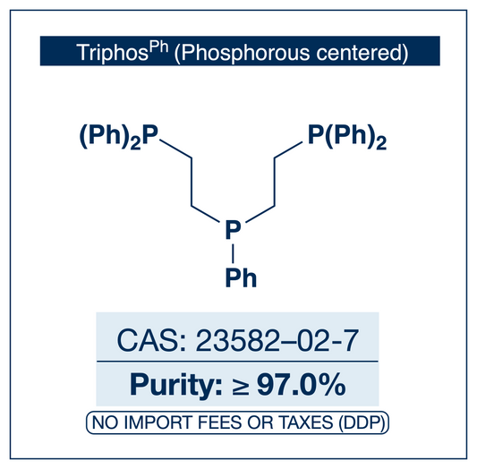 Chemical structure of Bis(2-diphenylphosphinoethyl)phenylphosphine (Triphos), CAS 23582-02-7, ≥97.0% — linear P-centered tridentate phosphine ligand for transition-metal complexation used in pincer chemistry, hydrogenation, and homogeneous catalysis. Supplied by NorrChemica with DDP shipping. CoA and SDS provided.
