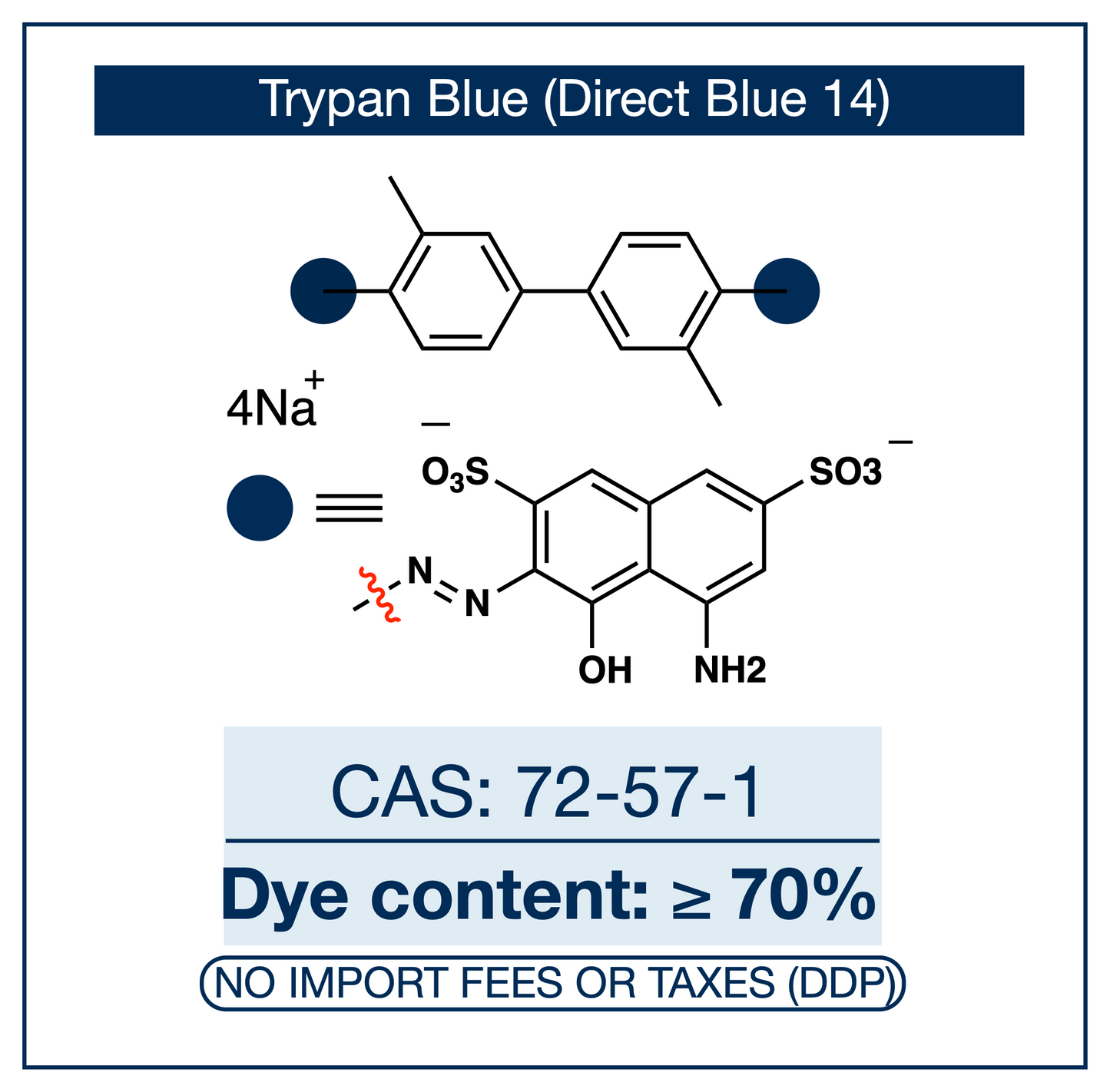 Chemical structure of Trypan Blue (Direct Blue 14), CAS 72-57-1, ≥70% dye content — bis-azo anionic dye (C.I. 23850 / Direct Blue 14) with deep blue absorbance used as a research-grade vital stain in the Trypan Blue exclusion cell viability assay, mammalian cell counting in tissue culture, histological staining of necrotic tissue, and tissue scaffold decellularization research. Supplied by NorrChemica with DDP shipping. CoA and SDS provided.

