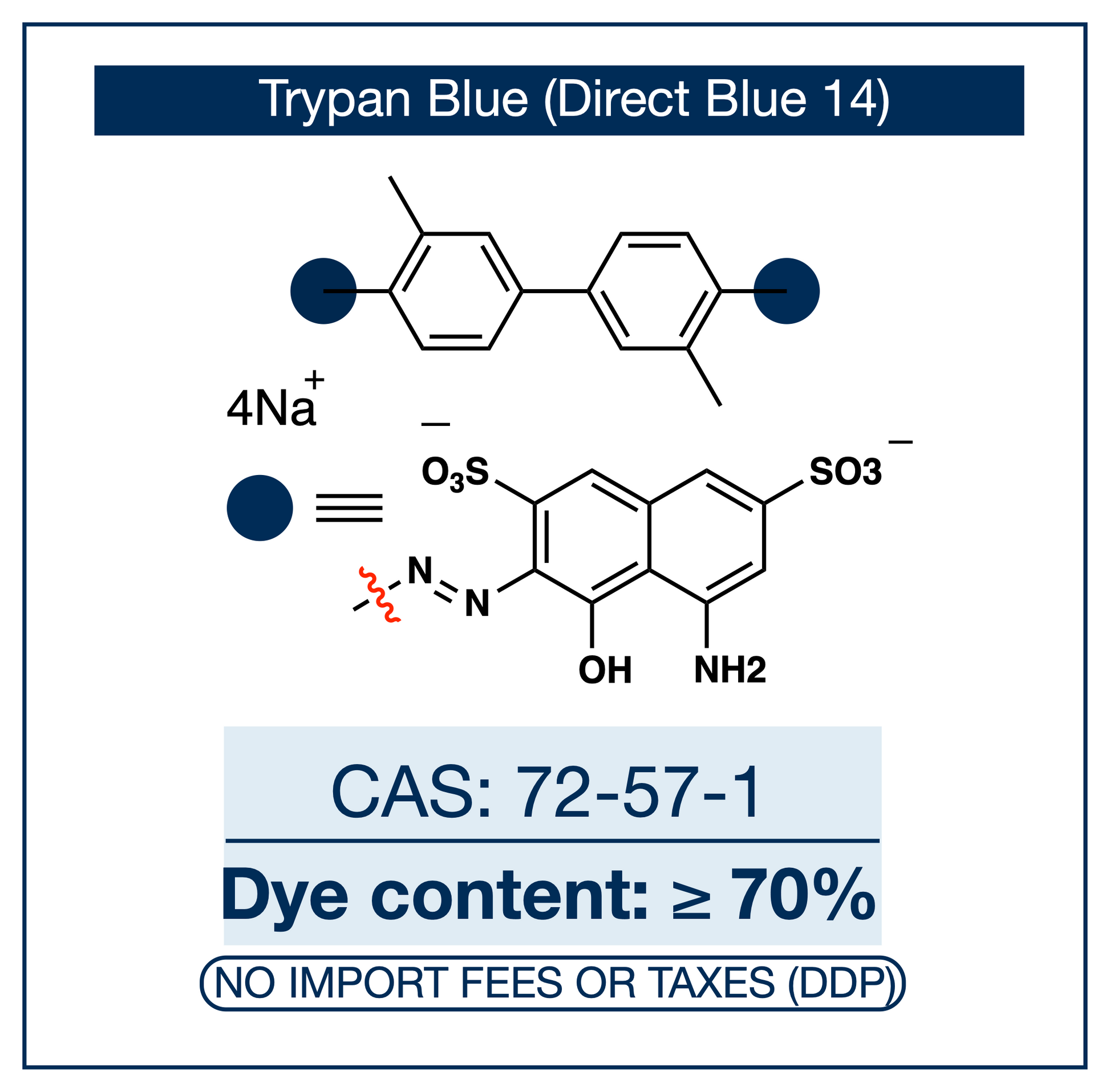 Chemical structure of Trypan Blue (Direct Blue 14), CAS 72-57-1, ≥70% dye content — bis-azo anionic dye (C.I. 23850 / Direct Blue 14) with deep blue absorbance used as a research-grade vital stain in the Trypan Blue exclusion cell viability assay, mammalian cell counting in tissue culture, histological staining of necrotic tissue, and tissue scaffold decellularization research. Supplied by NorrChemica with DDP shipping. CoA and SDS provided.

