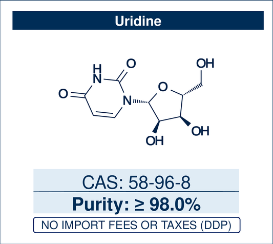 Chemical structure of Uridine, CAS 58-96-8, ≥98.0% — pyrimidine ribonucleoside (uracil N-glycosidically linked to β-D-ribofuranose) for RNA synthesis, oligonucleotide research, and as a building block for nucleoside-analogue and antiviral drug development. Supplied by NorrChemica with DDP shipping. CoA and SDS provided.