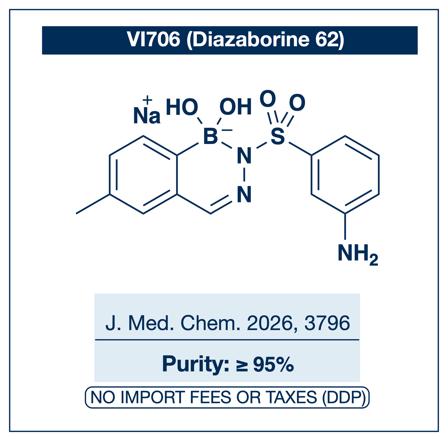 Chemical structure of VI706 (Diazaborine 62), water-soluble sodium salt of the lead diazaborine from Ilina et al. J. Med. Chem. 2026, 69, 3796–3810 — 3-aminophenylsulfonyl 6-methyl benzodiazaborine for FabI-targeted antibacterial research, colistin synergy studies, and Gram-negative drug discovery. Supplied by NorrChemica with DDP shipping. CoA and SDS provided.