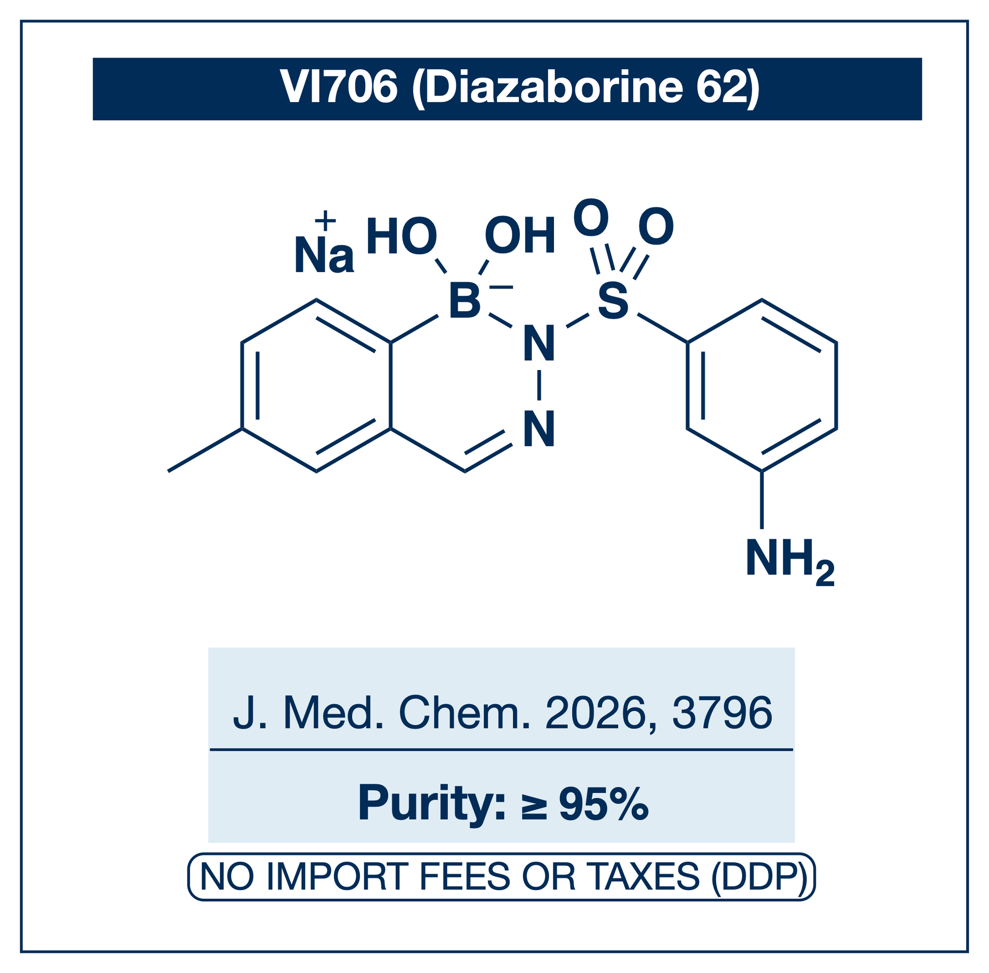 Chemical structure of VI706 (Diazaborine 62), water-soluble sodium salt of the lead diazaborine from Ilina et al. J. Med. Chem. 2026, 69, 3796–3810 — 3-aminophenylsulfonyl 6-methyl benzodiazaborine for FabI-targeted antibacterial research, colistin synergy studies, and Gram-negative drug discovery. Supplied by NorrChemica with DDP shipping. CoA and SDS provided.