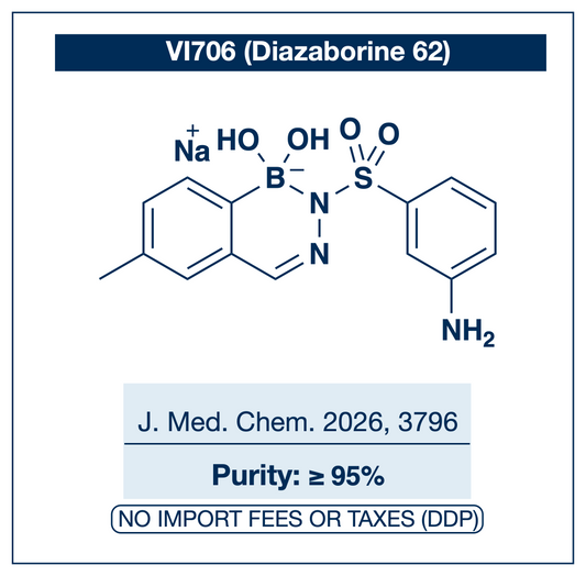 Chemical structure of VI706 (Diazaborine 62), water-soluble sodium salt of the lead diazaborine from Ilina et al. J. Med. Chem. 2026, 69, 3796–3810 — 3-aminophenylsulfonyl 6-methyl benzodiazaborine for FabI-targeted antibacterial research, colistin synergy studies, and Gram-negative drug discovery. Supplied by NorrChemica with DDP shipping. CoA and SDS provided.