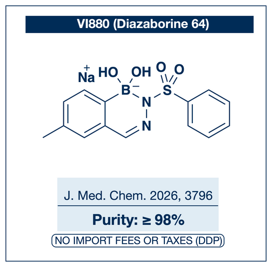 Chemical structure of VI880 (Diazaborine 64), water-soluble sodium salt matched-pair reference compound from Ilina et al. J. Med. Chem. 2026, 69, 3796–3810 — 6-methyl phenylsulfonyl benzodiazaborine for FabI matched-pair SAR studies, colistin synergy mechanism research, and structure-activity comparative pharmacology. Supplied by NorrChemica with DDP shipping. CoA and SDS provided.