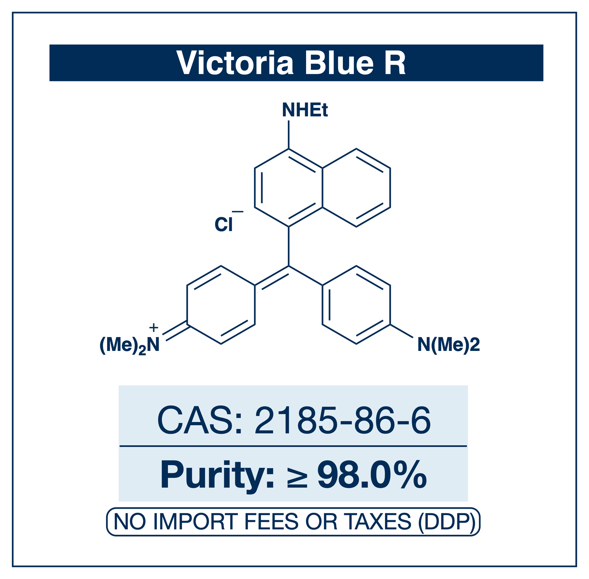 Chemical structure of Victoria Blue R, CAS 2185-86-6, ≥98% — cationic triarylmethane dye (C.I. 44040, Basic Blue 11) used as a histological stain and as a chromogenic reagent for spectrophotometric anion determination. Supplied by NorrChemica with DDP shipping. CoA and SDS provided.