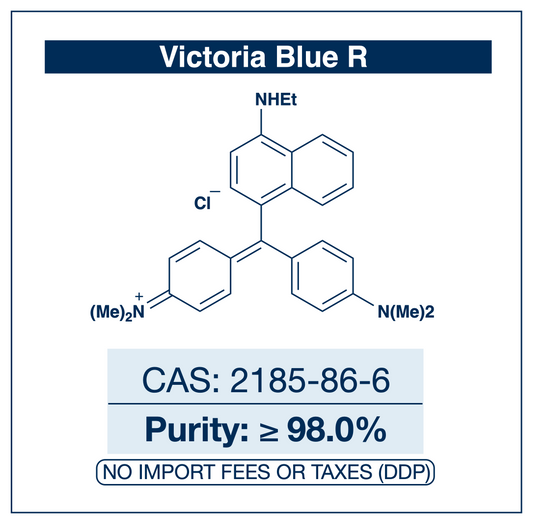 Chemical structure of Victoria Blue R, CAS 2185-86-6, ≥98% — cationic triarylmethane dye (C.I. 44040, Basic Blue 11) used as a histological stain and as a chromogenic reagent for spectrophotometric anion determination. Supplied by NorrChemica with DDP shipping. CoA and SDS provided.